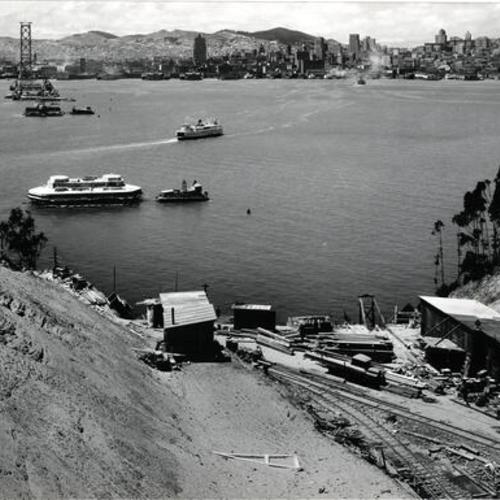 [Landscape view of San Francisco in the background from Yerba Buena Island, showing west approach cut to the tunnel ready for the deck of San Francisco-Oakland Bay Bridge]