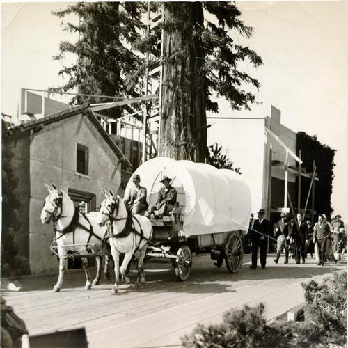 [Covered wagon on the stage of the Redwood Grove Theatre to be featured in "The Span of Gold" pageant for the Golden Gate Bridge Fiesta]