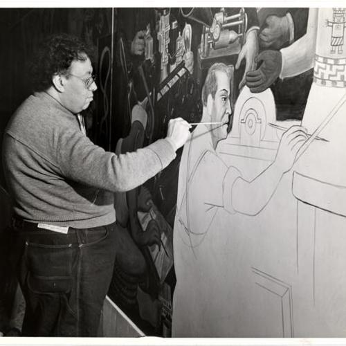 [Artist Diego Rivera painting a mural at the Art in Action exhibit of the 1940 Golden Gate International Exposition]