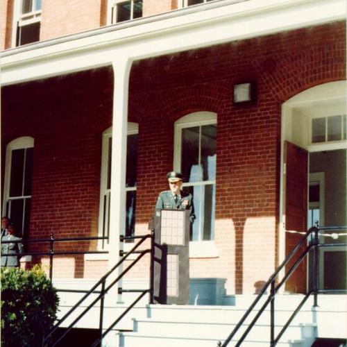 [Post Commander-Col. Rafferty outside the Finance & Accounting Office at the Presidio]