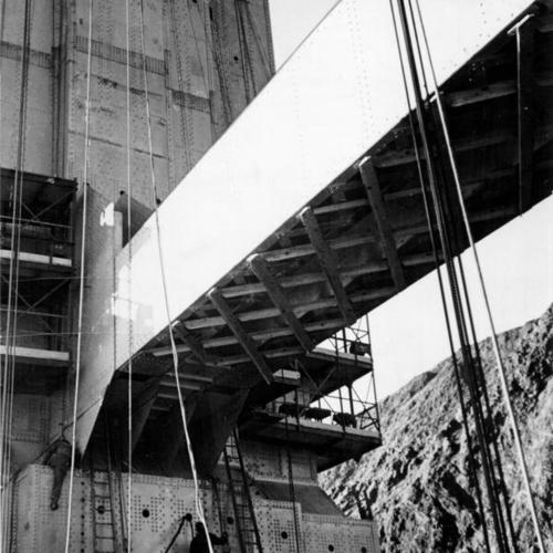 [View of underside of support truss of Golden Gate Bridge north tower]