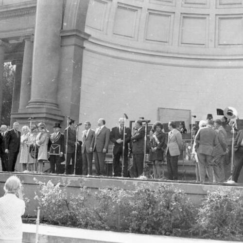 [Speakers on stage at the bandshell on the final day of Golden Gate Park Centennial]
