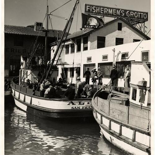 [Fishing boat outside of Fishermen's Grotto at Fisherman's Wharf]