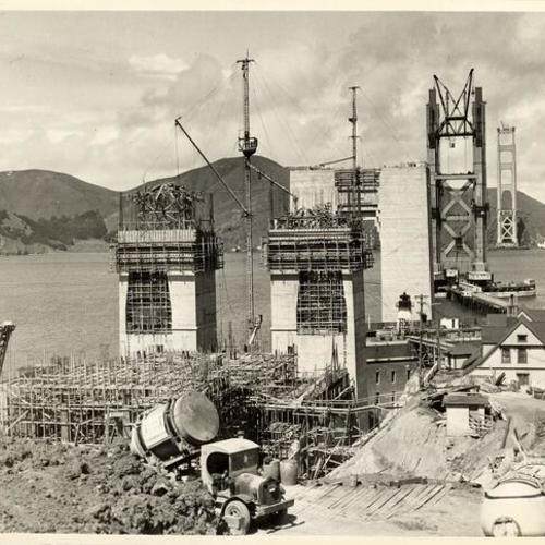 [Golden Gate Bridge during construction in 1934]