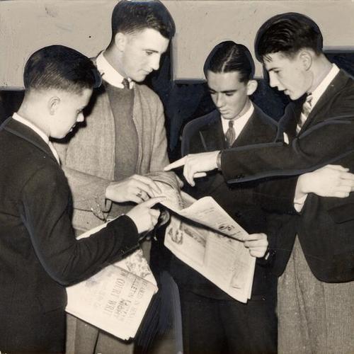 [Group of young men read about ferryboat fare increase]