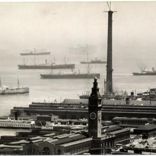 [View of the Ferry building, the Embarcadero, and the Bay]