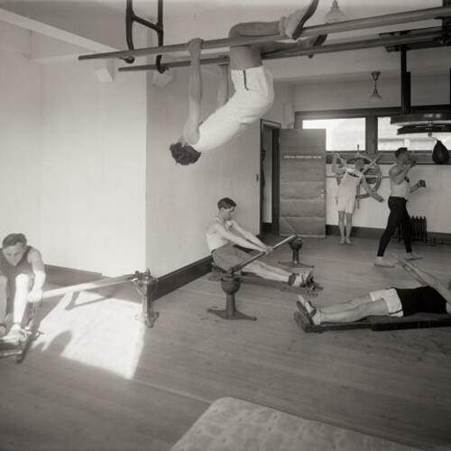 Y. M. C. A. gymnastics team training in gymnasium