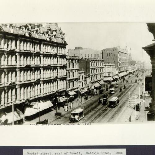 Market street, east of Powell. Baldwin Hotel. 1886