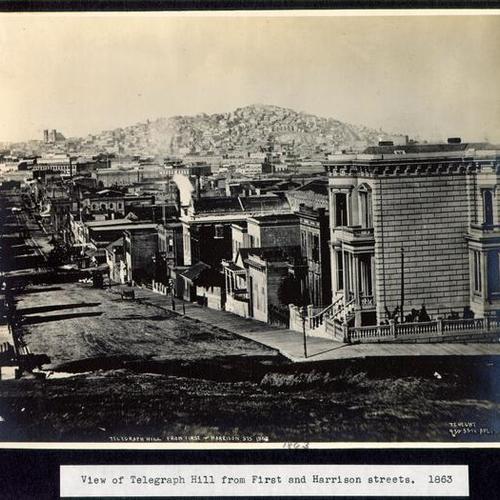 View of Telegraph Hill from First and Harrison streets. 1863