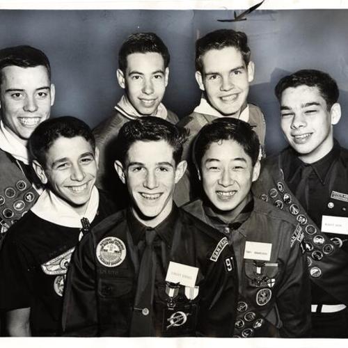 [Seven of the 70 Scouts who attained Eagle rank during 1960 at the annual Eagle Scout Banquet]