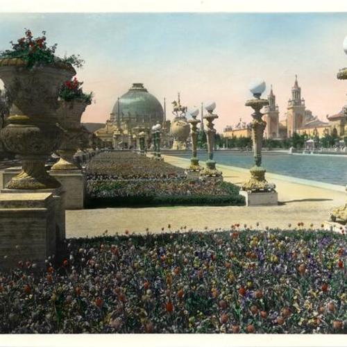 [View of South Gardens at the Panama-Pacific International Exposition, showing Palace of Horticulture, Fountain of Energy and Italian Towers]