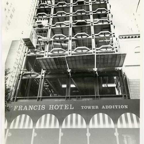 [St. Francis Hotel tower addition under construction]