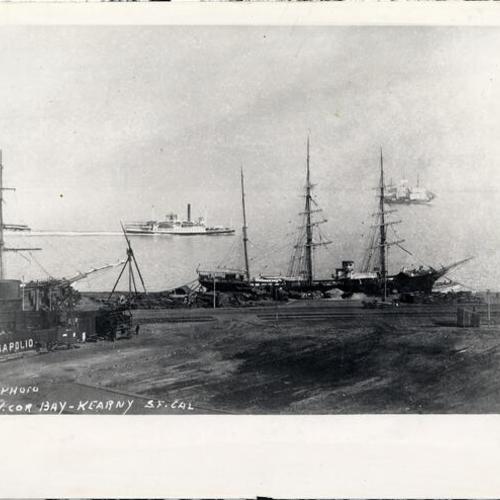 [View of the bark Atlas docked near the southwest corner of Bay and Kearny streets]