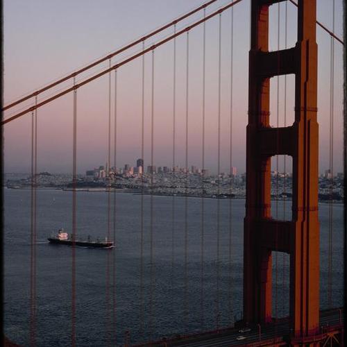 Golden Gate Bridge and San Francisco skyline during sunset