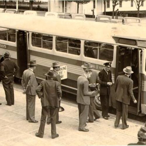 [Newly purchased Muni buses on display in downtown San Francisco]