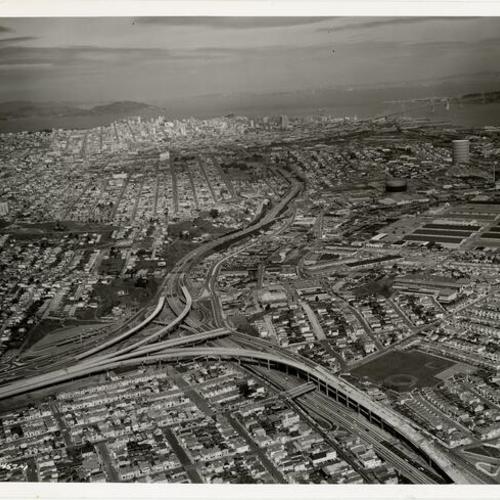 [Aerial view of James Lick freeway and Alemany boulevard interchange]