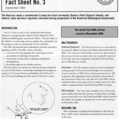 Hunters Point Shipyard Historical Radiological Assessment Fact Sheet No. 3, September 2003