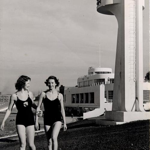 [Two women in bathing suits at Aquatic Park]
