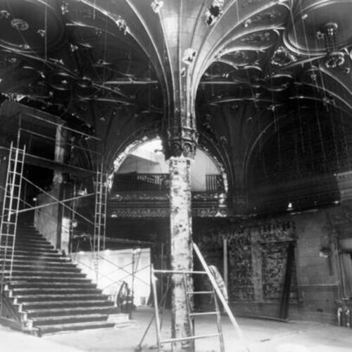 [Interior of main lobby of Golden Gate Theater during restoration]
