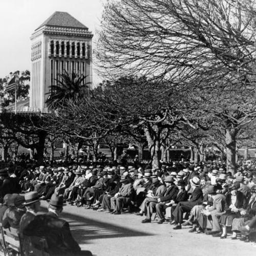 [Crowd of people at the music concourse in Golden Gate Park]
