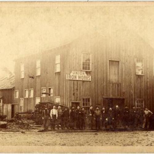 [Workers outside Union Iron Works building]