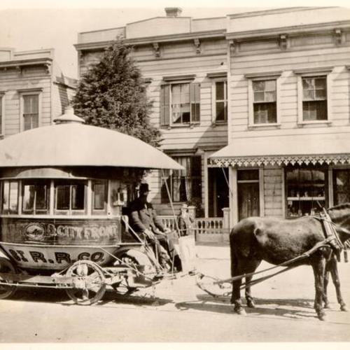 [Horse drawn "balloon car" belonging to the Sutter Street Railroad Company]
