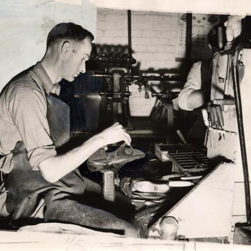 [Shoemaker working at Community Chest agency Goodwill Industries]