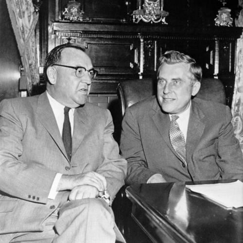 [Governor-elect Pat Brown (left) chats with Gov. Robert B. Meyner during a State House visit aimed at picking up tips on state administration]