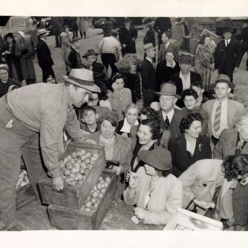 [Man selling pears to a crowd of shoppers at the Farmers' Market at Market and Duboce streets]