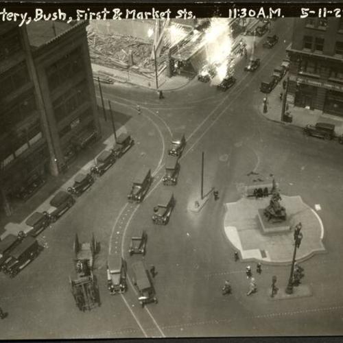 [Aerial view of the Donahue Monument, also known as the Mechanics Monument, at Battery, Bush, First and Market Streets]