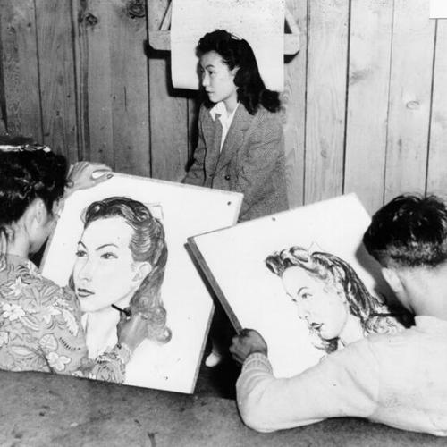 [Japanese sketching model in an art class at the Tanforan Relocation Center]