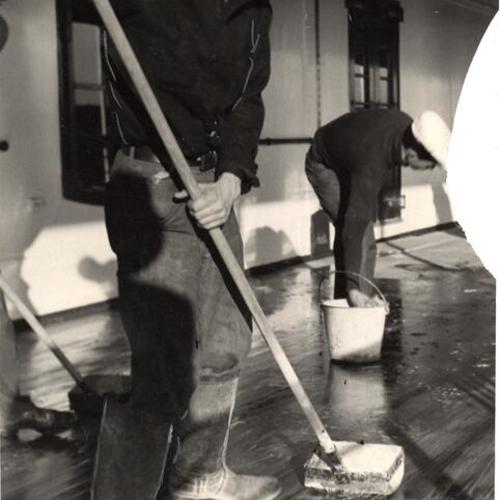[WPA survey showing unemployed men washing floors]