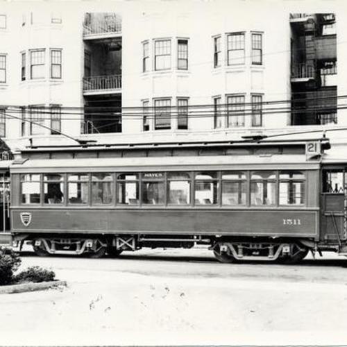 [Eighth Avenue and Fulton street looking west at Market Street Railway #21 line car 1511]