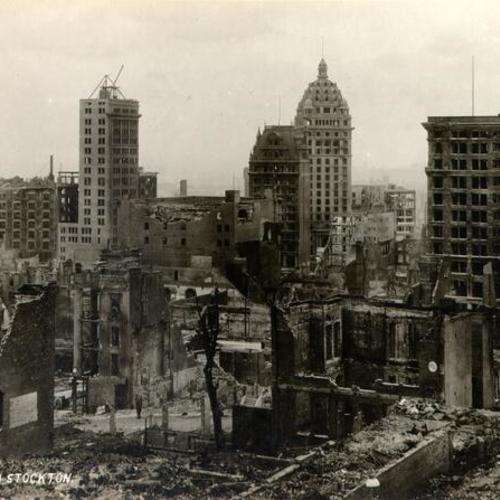 [View of earthquake and fire damage from Pine and Stockton streets]