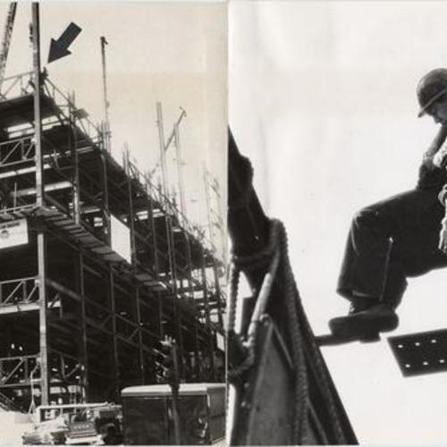 [Two views of an unidentified worker resting high above the ground during construction of Pacific Telephone & Telegraph Company building on Pine Street]