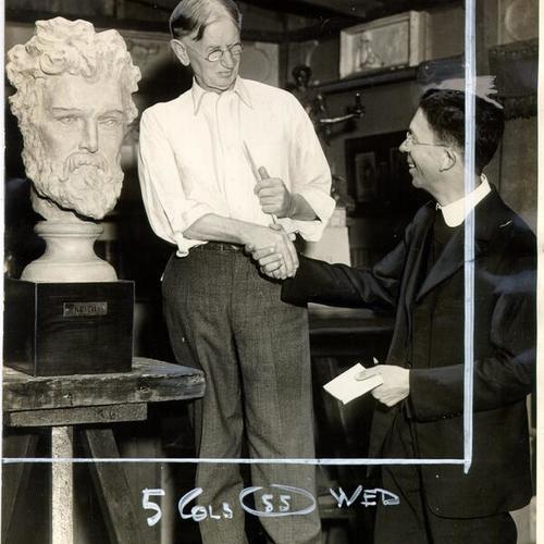 [Sculptor Douglas Tilden showing his bust of William Keith to Professor Cornelius of St. Mary's College]