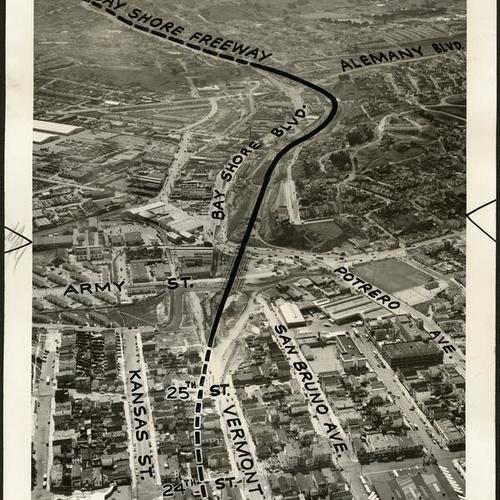 [Aerial view of Bayshore Freeway projected route]