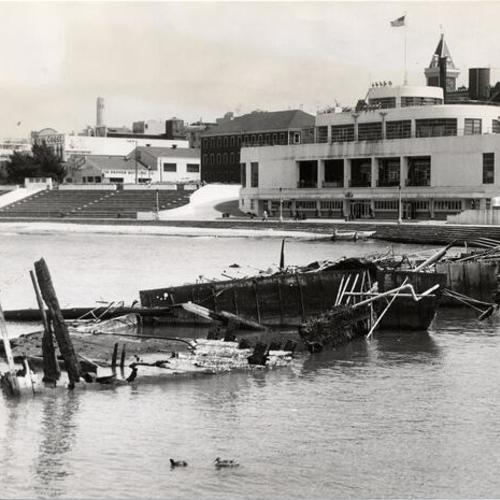 [Remains of the riverboat "Fort Sutter," destroyed in a fire at Aquatic Park]