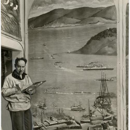 [Otis Oldfield with "San Francisco Bay" mural in Coit Tower]
