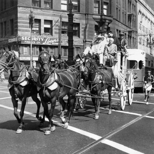 [Stage coach on Market Street during a parade marking the 100th anniversary of the first overland mail service]