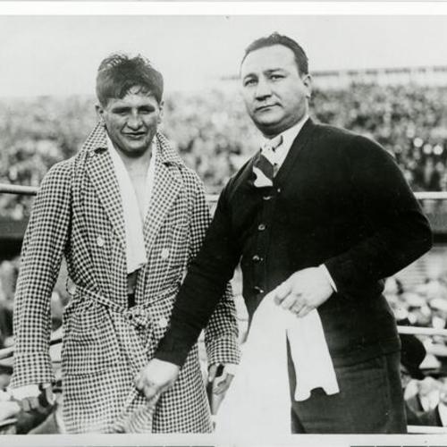 [Boxer Young Corbett III with his manager Ralph Manfredo at Seals Stadium]