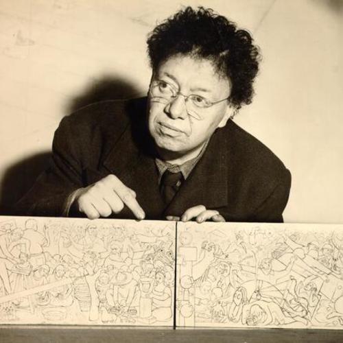 [Artist Diego Rivera holding plans for a mural to be painted as part of the Art in Action exhibit of the 1940 Golden Gate International Exposition]