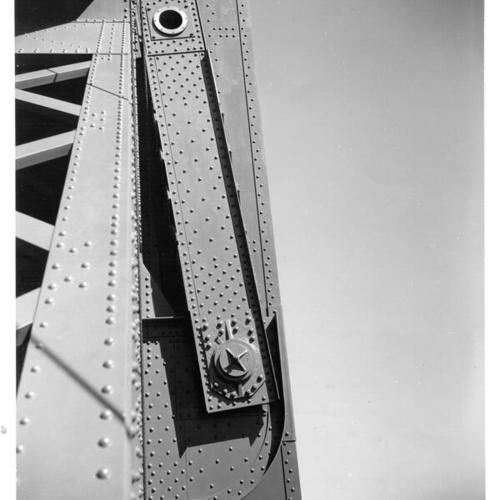 [Close-up view of one of Bay Bridges two rocker arms which holds bridge span to its towers]