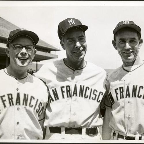[Dom, Joe and Vince Di Maggio posing together during an appearance at an old-timers game at Candlestick Park]
