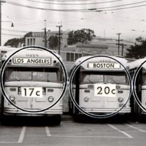 [Photograph of five Muni buses with superimposed graphic comparing bus fare in San Francisco to four other cities]
