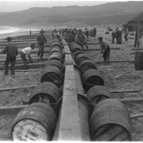 Sewer outfall construction in progress at Baker Beach