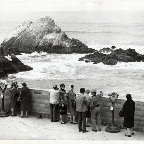 [Group of people overlooking Seal Rocks from the Cliff House]