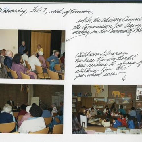 Photos from an Advisory Council of the Commission on Aging meeting and a children's story time, c. February, 1989
