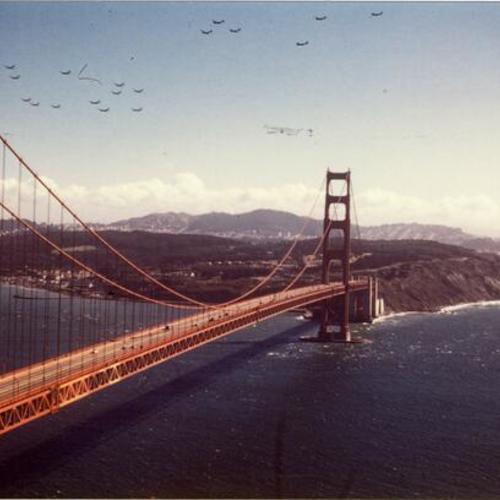 [View of 20 B-29s flying over the Golden Gate Bridge]