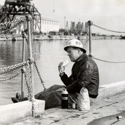 [Clayton Hubacher eating lunch at the San Francisco Naval Shipyard]